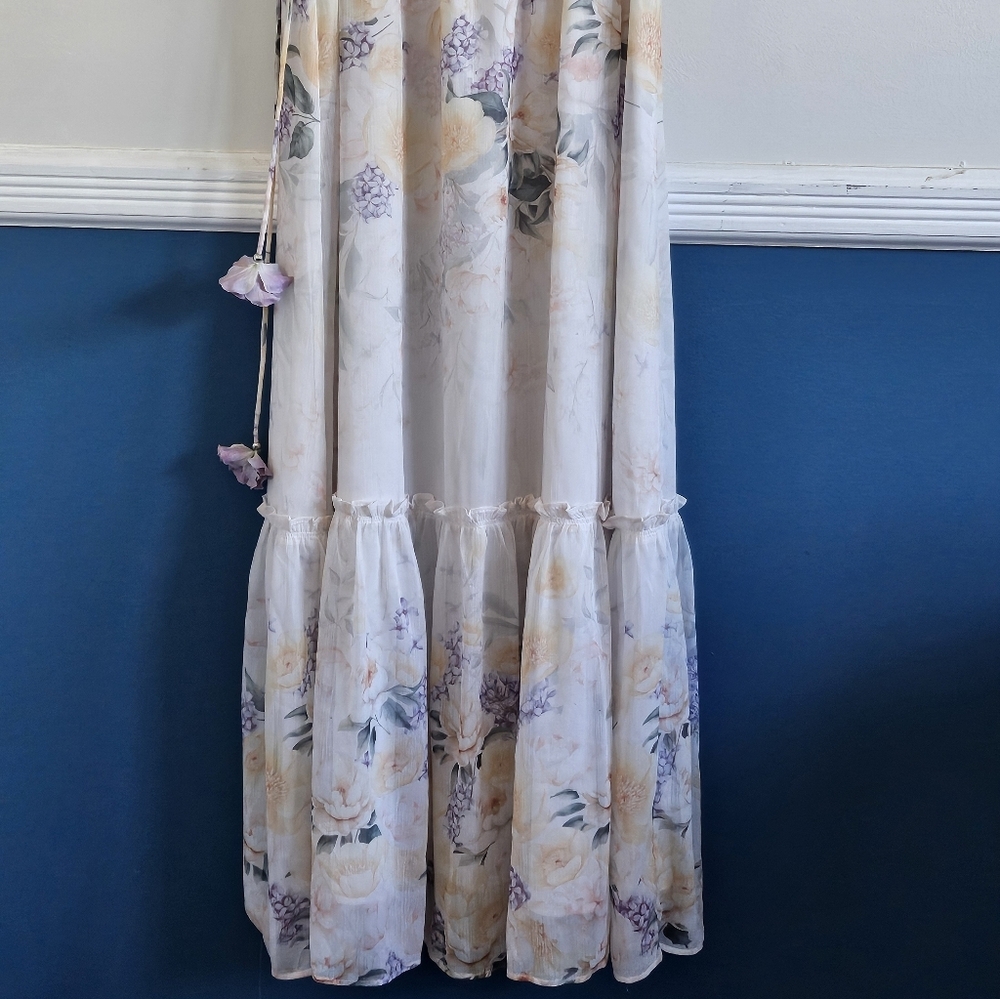 Joie Floral Ombré Maxi Dress XS Boho Tiered Chiffon Tie Neck Lined - Picture 7 of 16